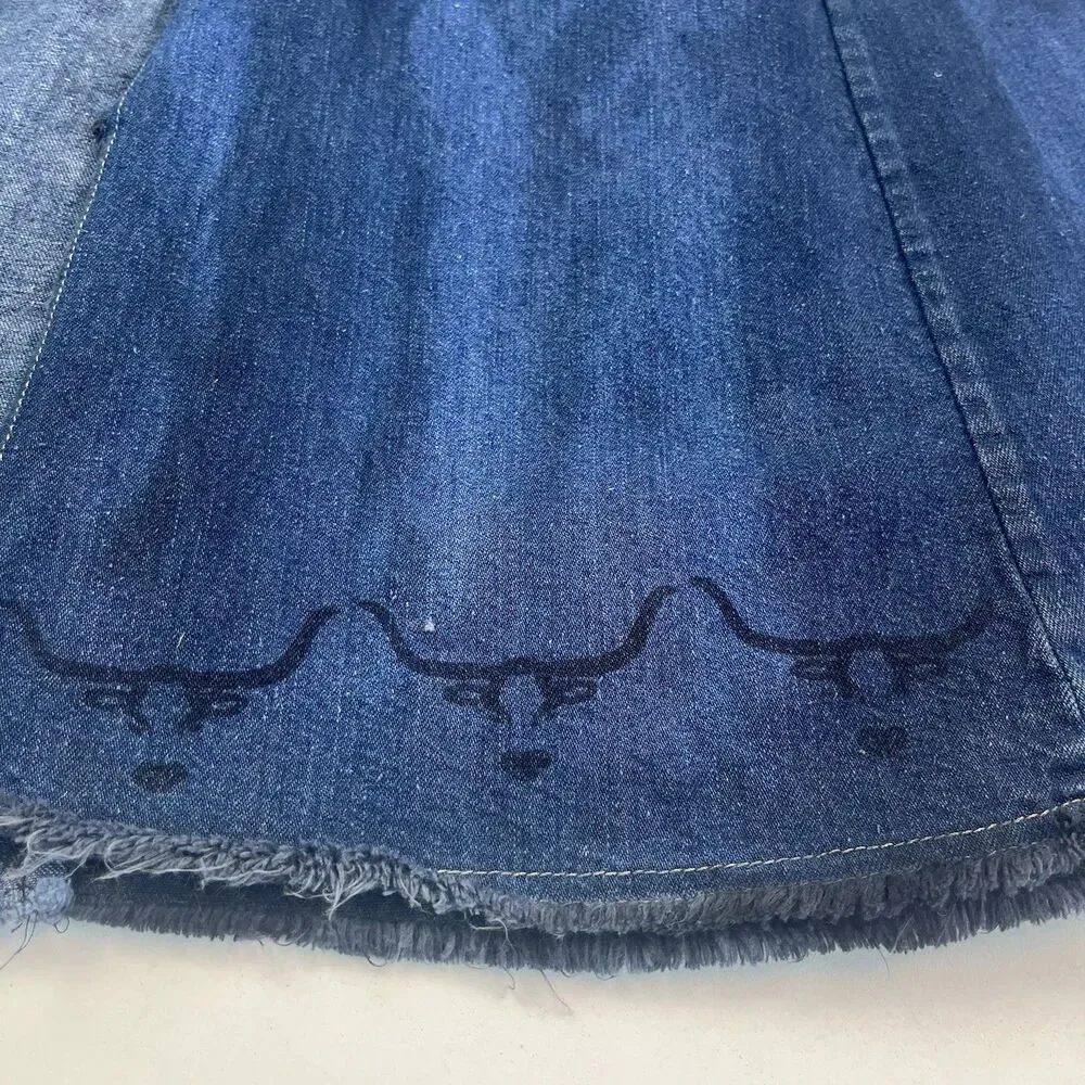 Heyne Bogut Denim Maxi Skirt 1 S Hand Printed Cow Bull Western Rodeo Festival